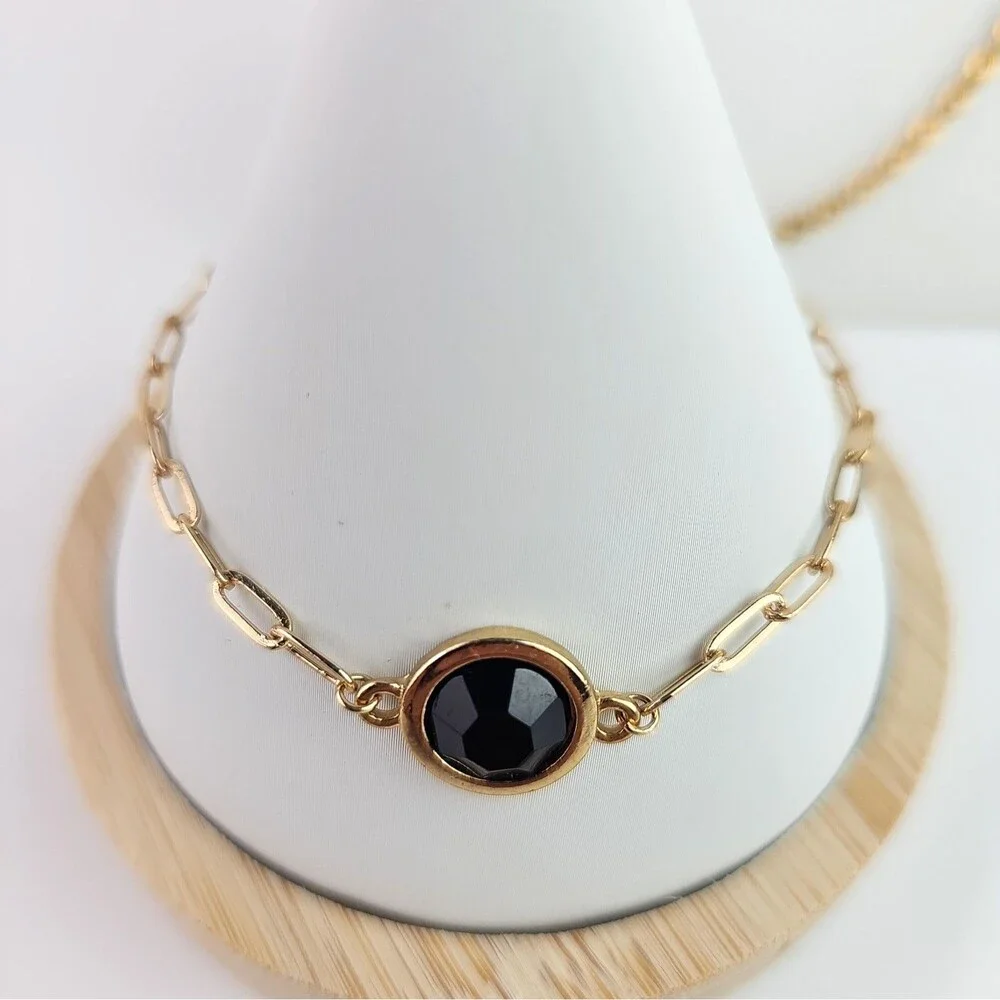 Vintage Long Gold Tone Necklace Black Faceted 52 inch and Bracelet Bezel Setting